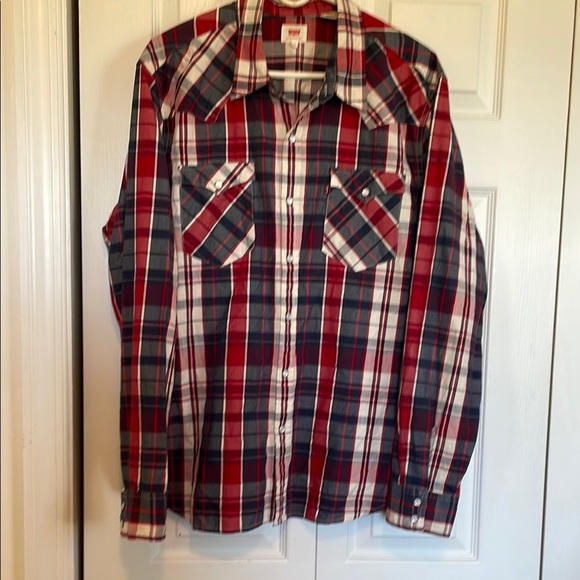 Men’s XXL Levi pearl snap Red/Blue Plaid Button down Shirt western cowboy rodeo - Picture 2 of 9